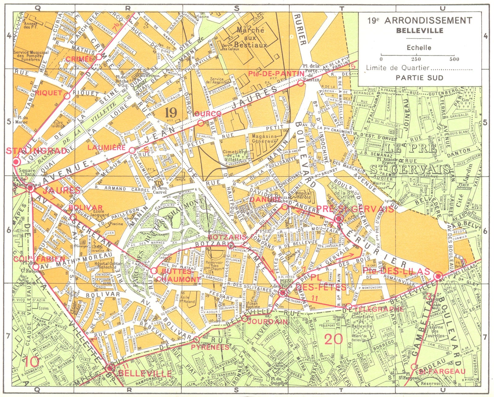 PARIS. 19e Arrondissement Belleville 1920 old antique vintage map plan chart